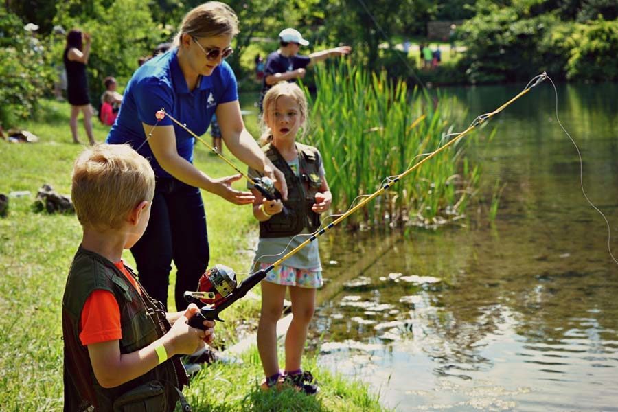 A little boy and little girl fishing in the