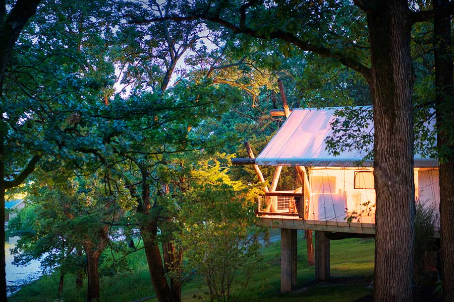 Camp Long Creek Glamping tent in evening glow surrounded by trees