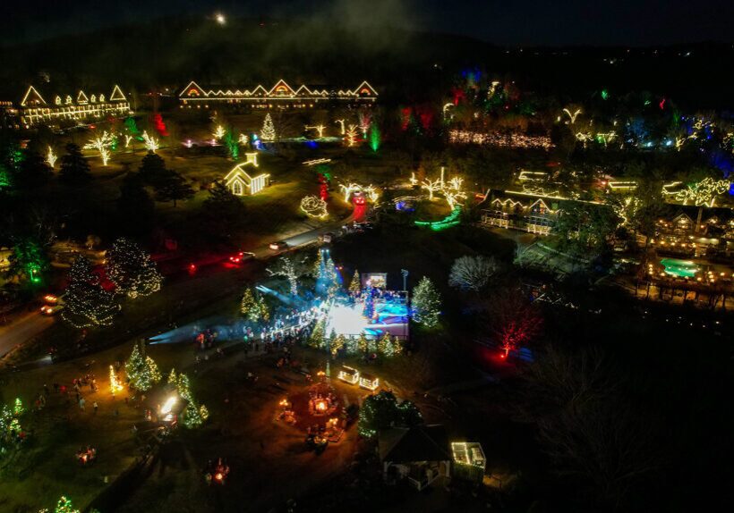 Aerial view of the holiday lights at Big Cedar Lodge