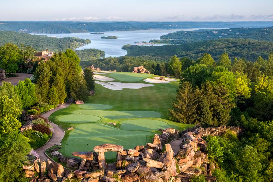 Top of the Rock Hole 9 with Lake in background and rocks in the foreground