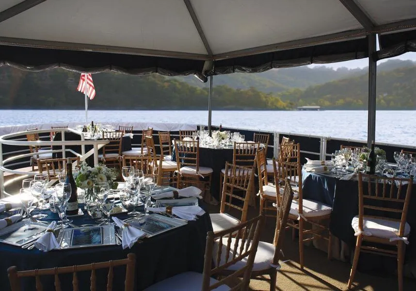 Lady Liberty Yacht wedding dining set up on Table Rock Lake at Big Cedar