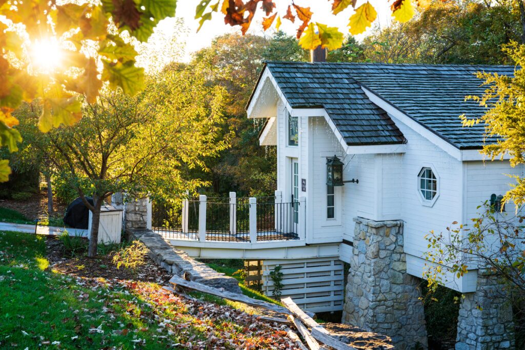 An exterior view of small bridge leading to the Spa Cottage