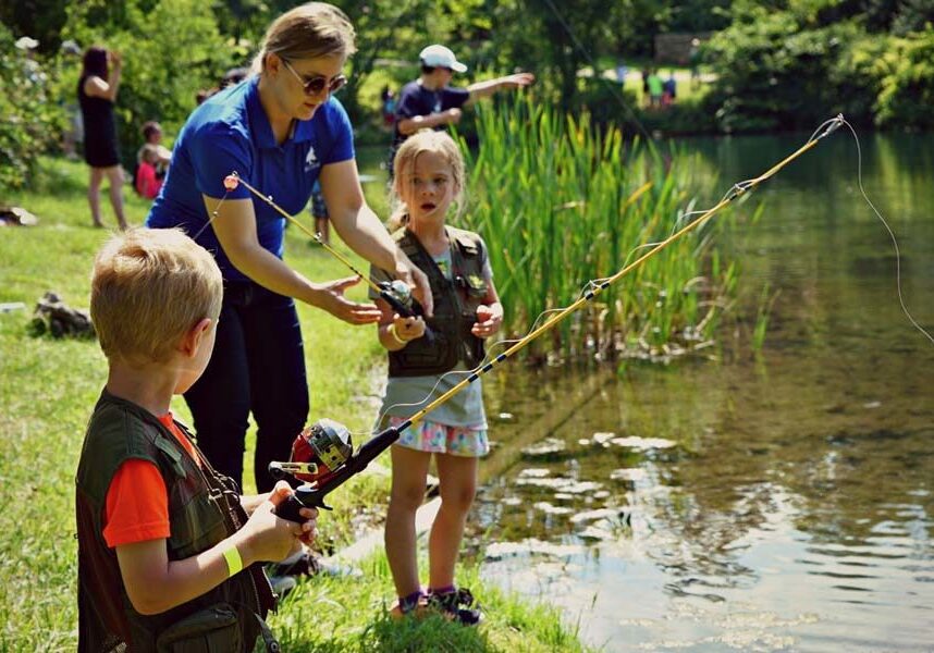 A little boy and little girl fishing in the