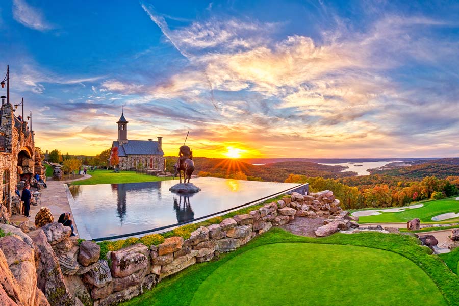 Top of the Rock panorama view of reflecting pool, golf course and chapel at Big Cedar