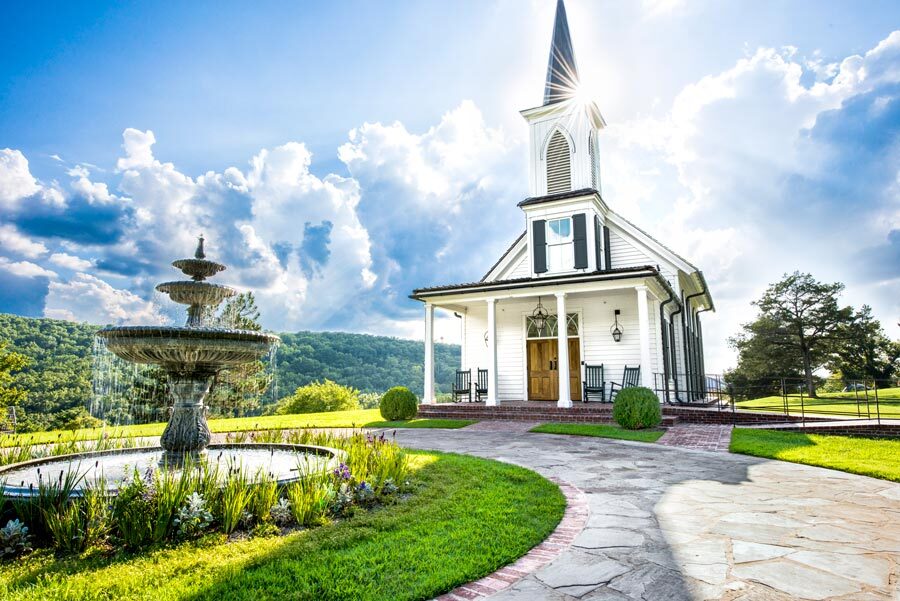 A beautiful sunrise shines on the Garden Chapel.