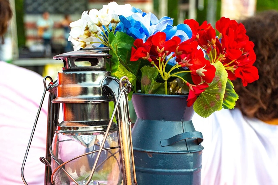 red white and blue flowers at memorial day picnic