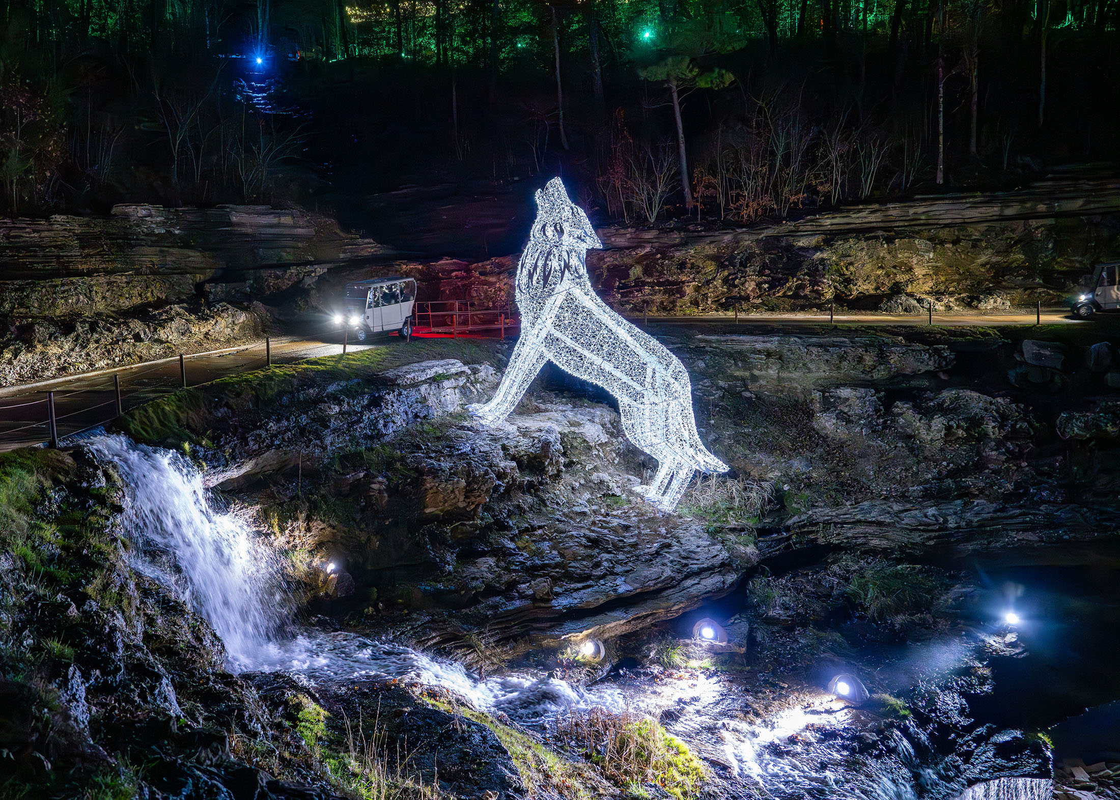 A large wolf shape made of white lights stands aside the canyon trail with a golf cart passing by at night.