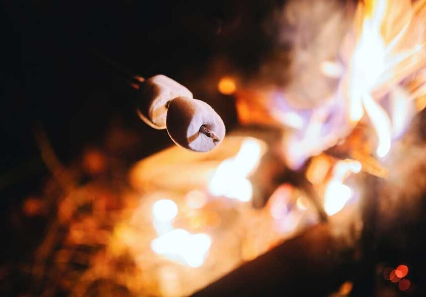 Marshmallows being roasted over a fire for s'mores