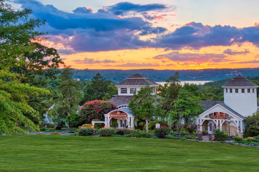 Early morning external view of the registration and spa buildings at Big Cedar Lodge main check-in.