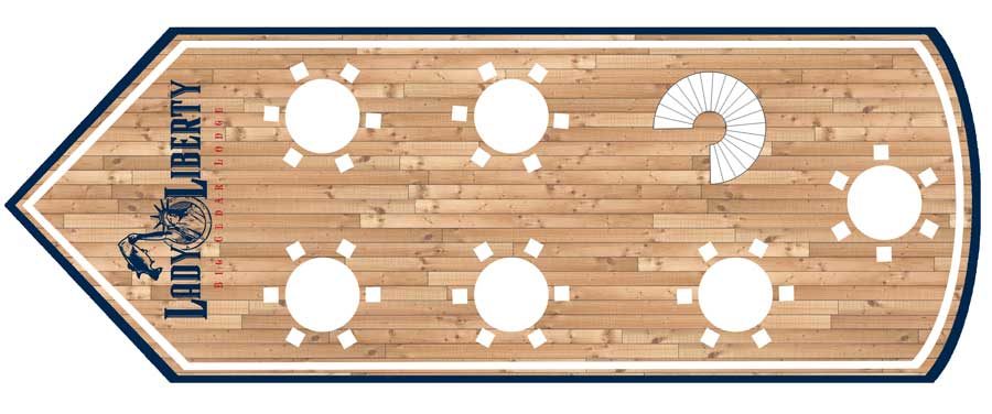 Lady Liberty yacht interior diagram of table and chair layout options for the space for rent at Big Cedar