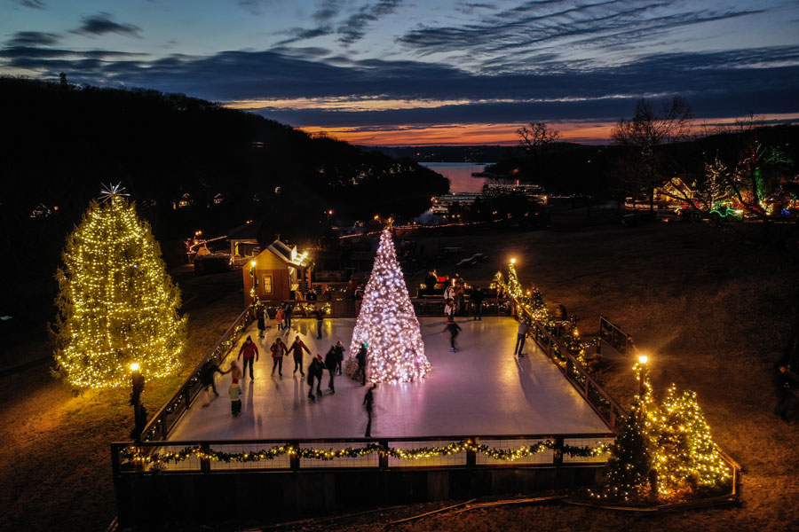 Ice Skating Rink at Big Cedar Lodge with Holiday lights overlooking Table Rock Lake