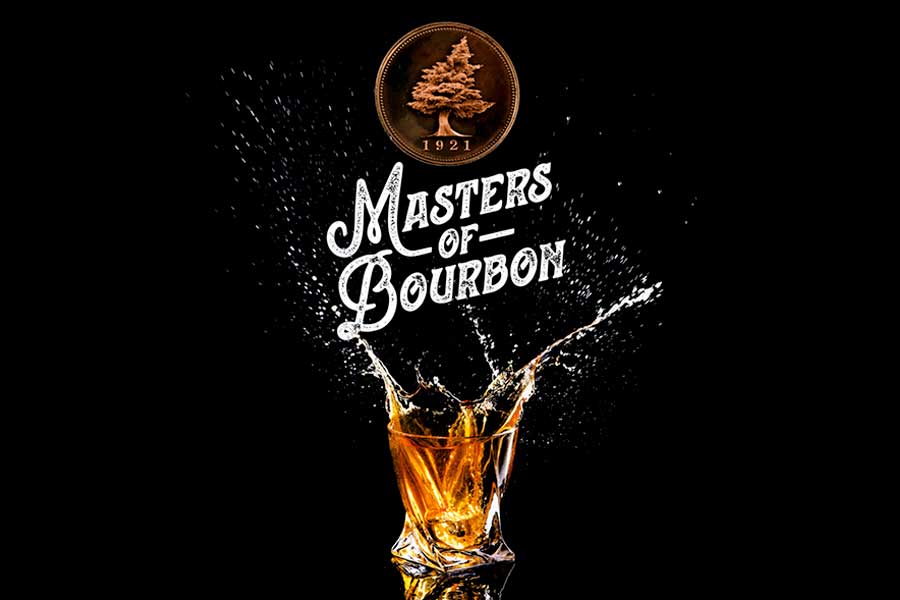 Master's of Bourbon logo and whiskey glass splashing bourbon