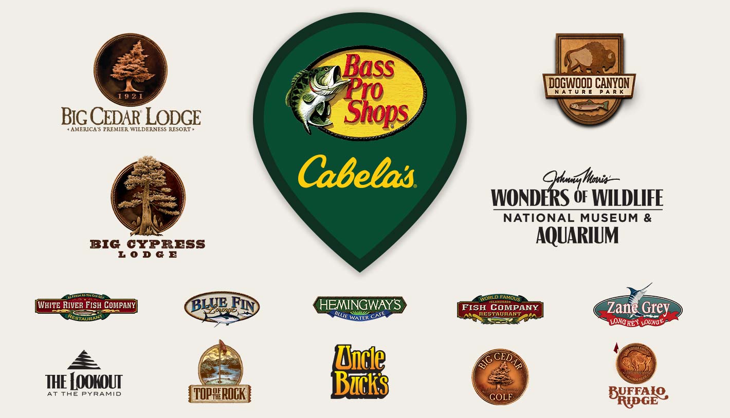 Graphic showing the places people can earn points, including Bass Pro Shops, Cabelas, Big Cedar Lodge, Big Cypress Lodge, White River Fish House, The Lookout at the Pyramid, Blue FIn Lounge, Top of the Rock, Uncle Buck's, Hemingway's, FIsh Company Restauerant, Big Cedar Golf, Zane Grey Long Key Lounge, Buffalo Ridge, Wonders of Wildlife National Museum and Acuarium, Dogwood Canyon
