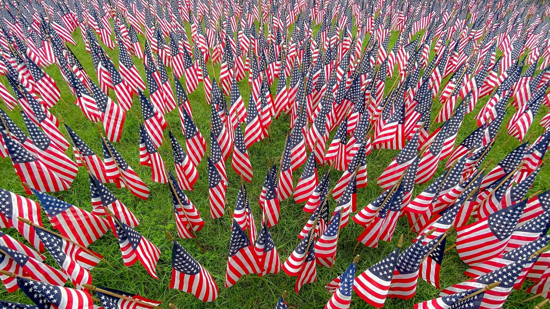 A green lawn at Big Cedar Lodge covered with small American flags.