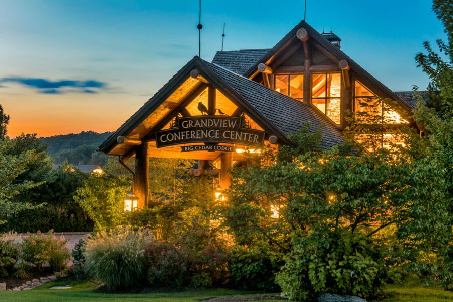 The Grandview Conference Center entry at sunset.