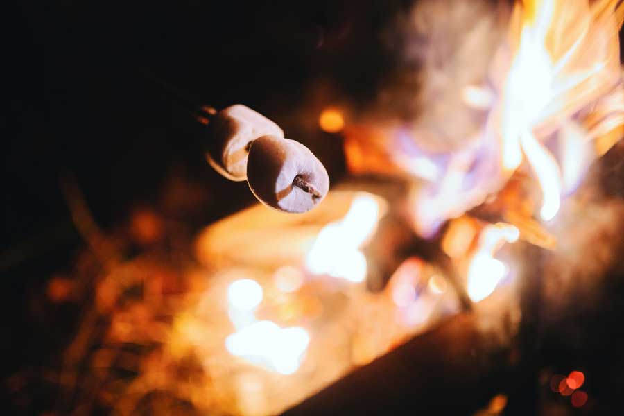 Marshmallows being roasted over a fire for s'mores