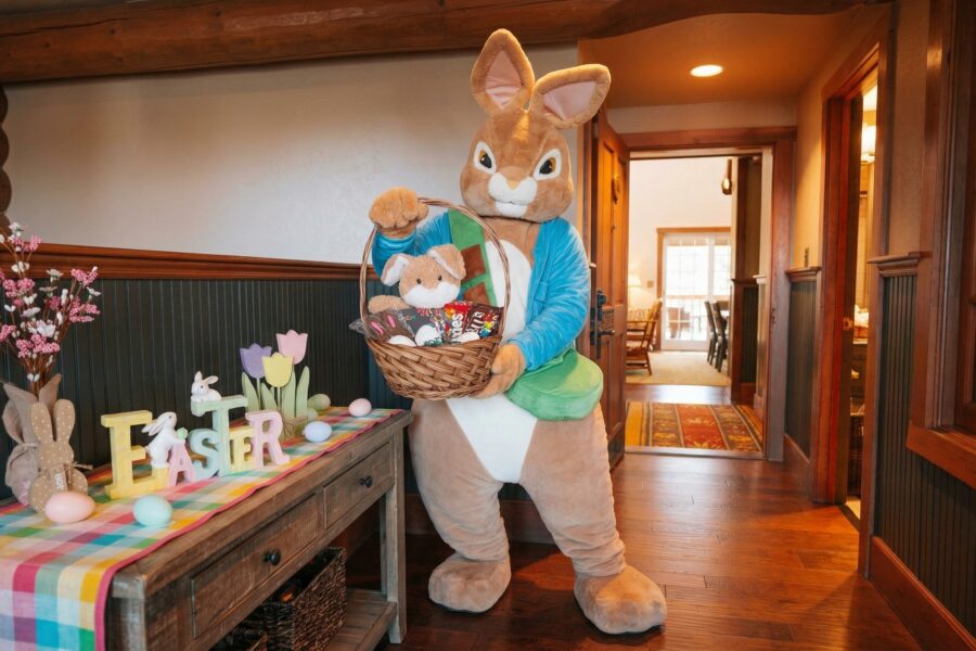 Easter Bunny brining a basket of goodies to an accommodation at Big Cedar Lodge
