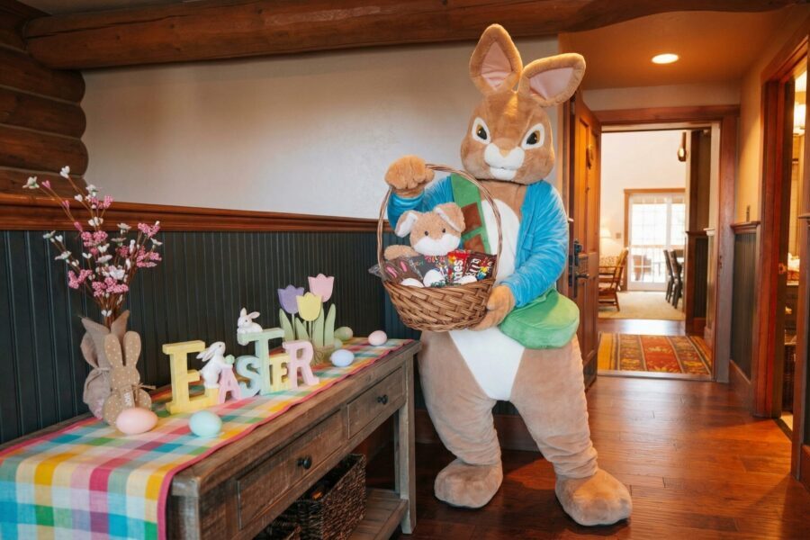 Easter Bunny brining a basket of goodies to an accommodation at Big Cedar Lodge