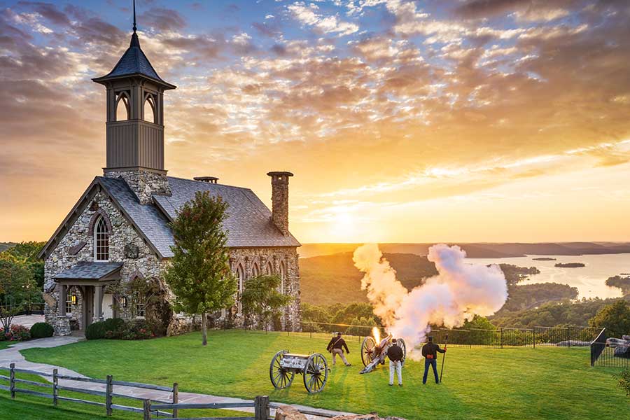 A Civil War era cannon fires during the Sunset Ceremony at Top of the Rock