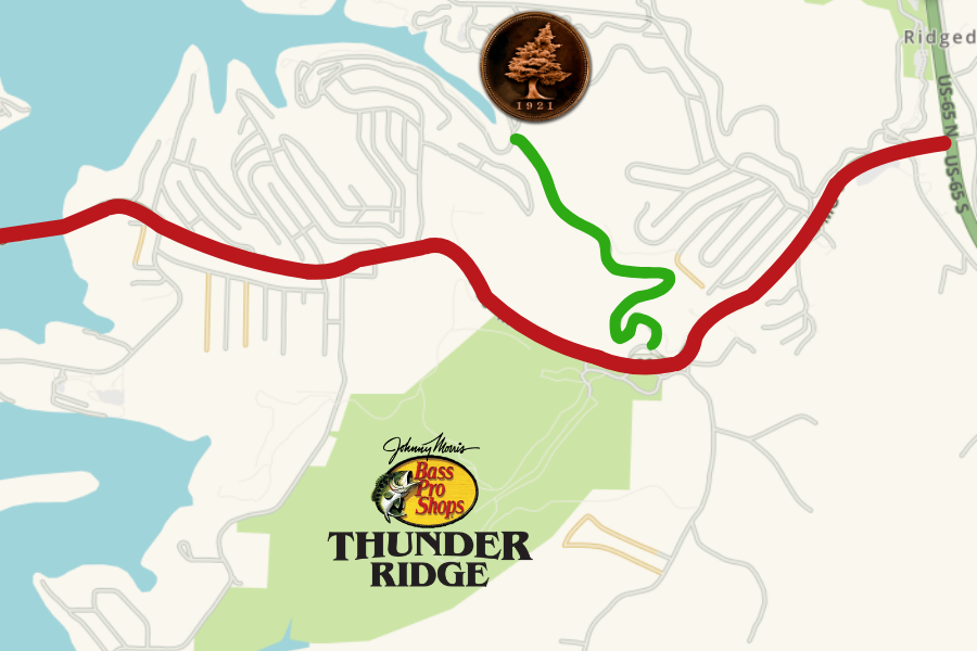 Map outlining alternative route from Big Cedar Lodge to Thunder Ridge Nature Arena