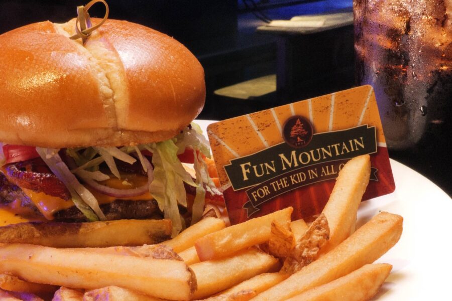 A Fun Mountain game card with a burger and fries
