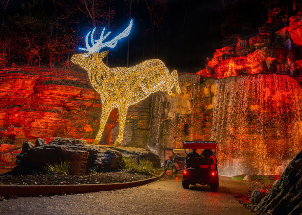 A large elk made of white and yellow lights stands tall over the canyon trail with a golf cart driving under it near a waterfall.