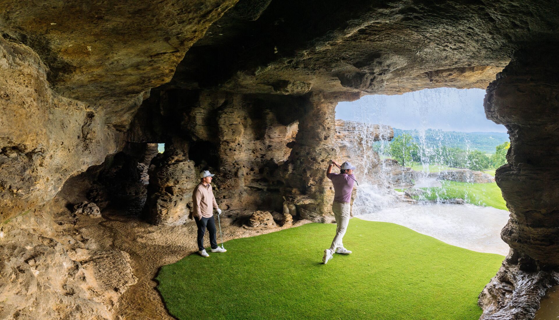 Cliffhangers golf course at Big Cedar Lodge features a cave tee box with a waterfall feature