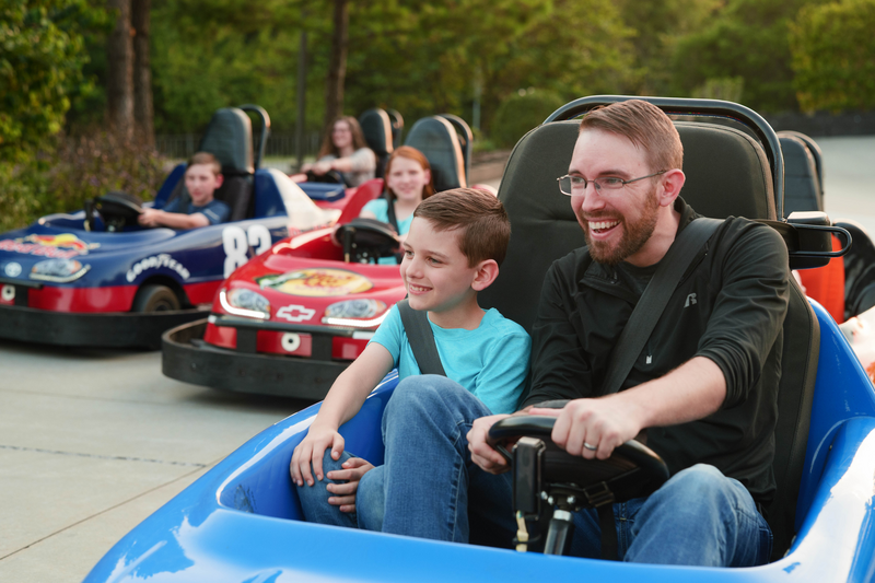 Father and sun smiling and winning a go cart race