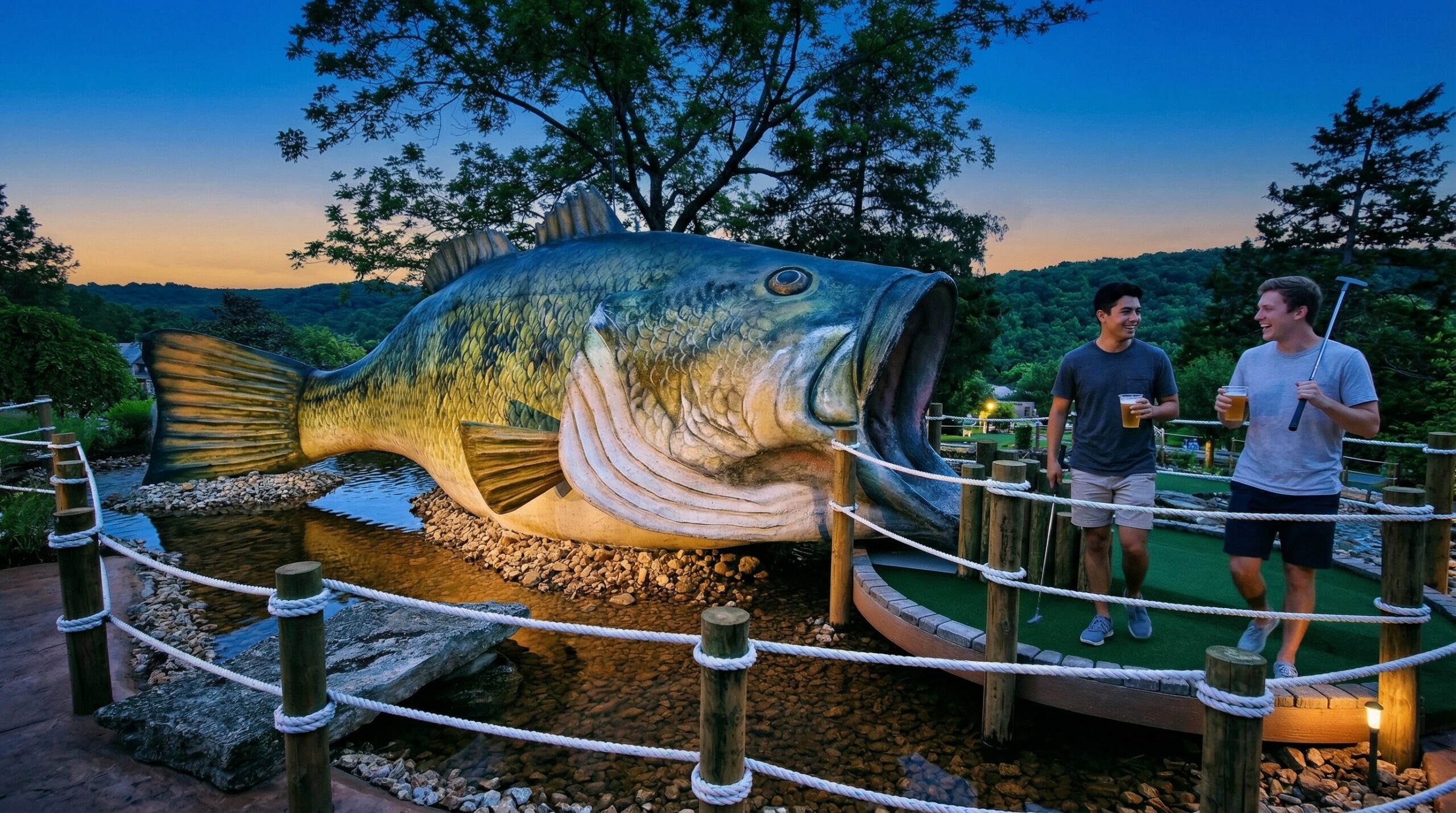 two men Enjoy beer and mini golf at night