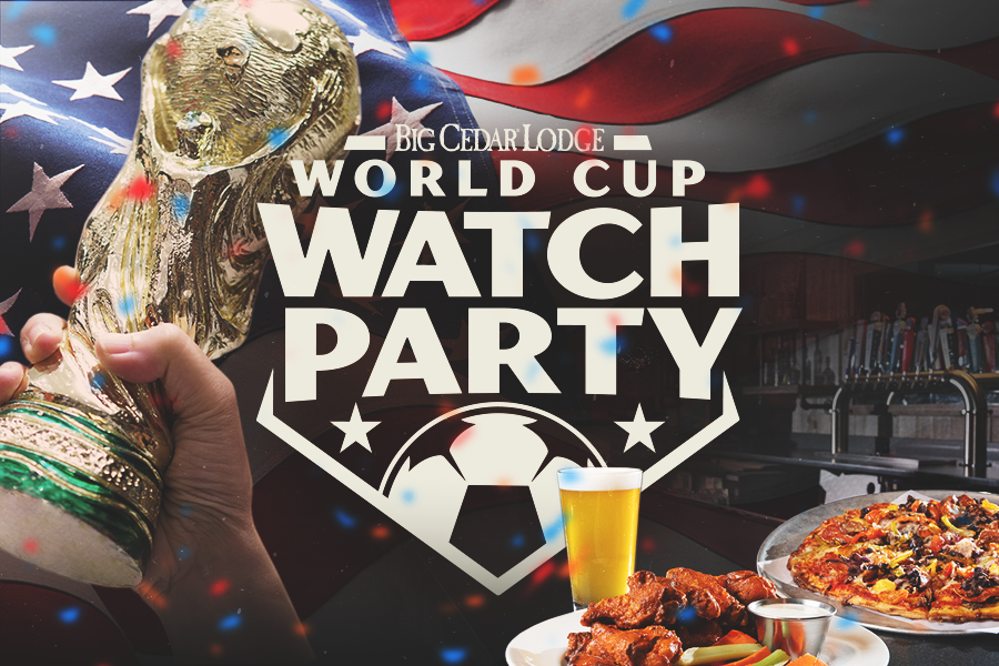 A World Cup trophy held up next to beer wings and pizza