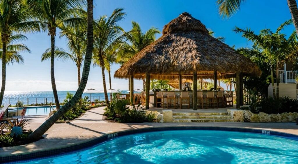 The “Happy Times” Tiki Bar sits oceanside and poolside at Cheeca Lodge.