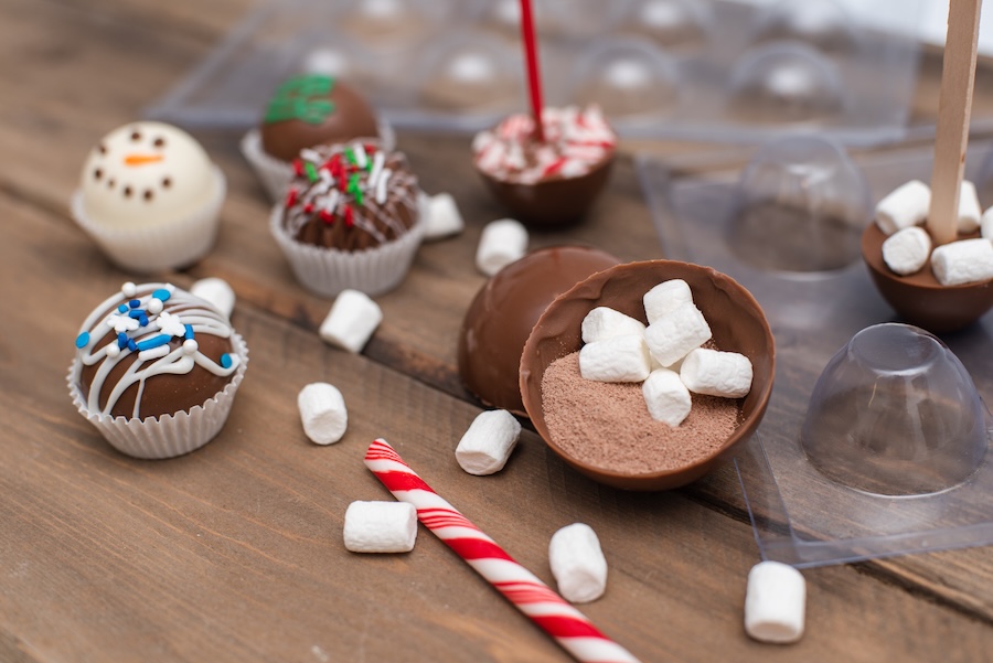 Hot Coco Bombs with marshmallows and peppermints