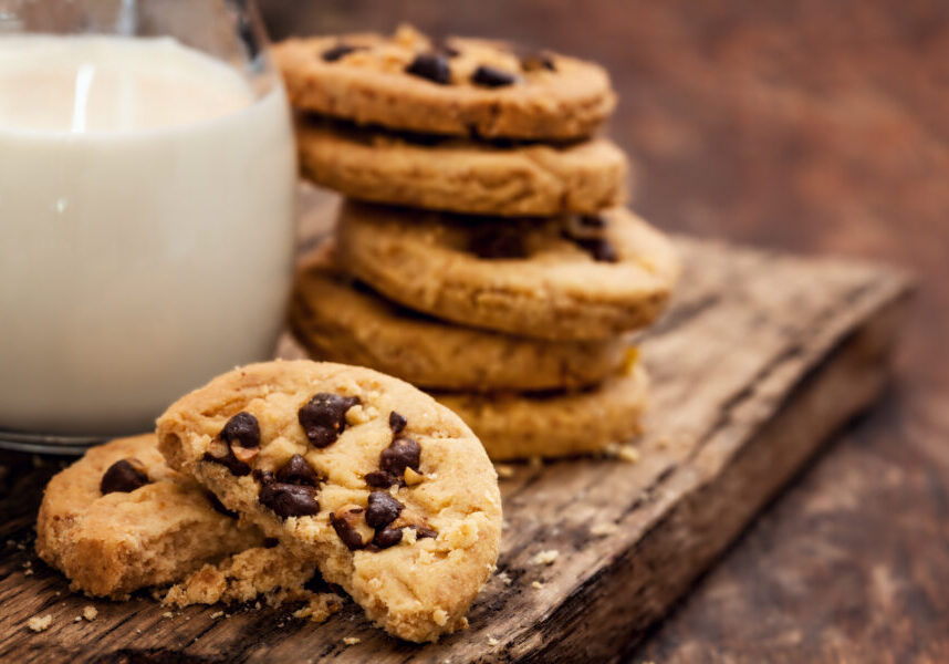Chocolate chips cookies and milk