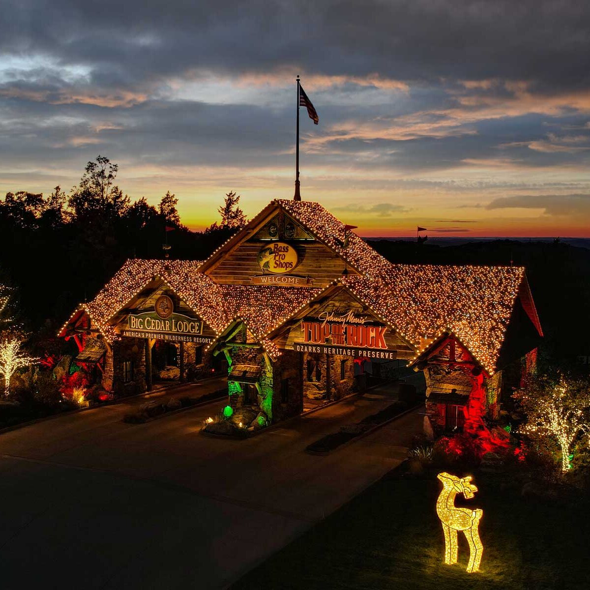 Christmas lights on the entrance to Big Cedar Lodge and Top of the Rock.