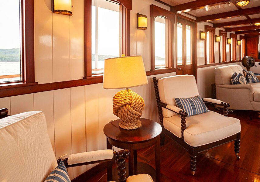 luxury lounging quarters aboard lady liberty with nautical themed decor
