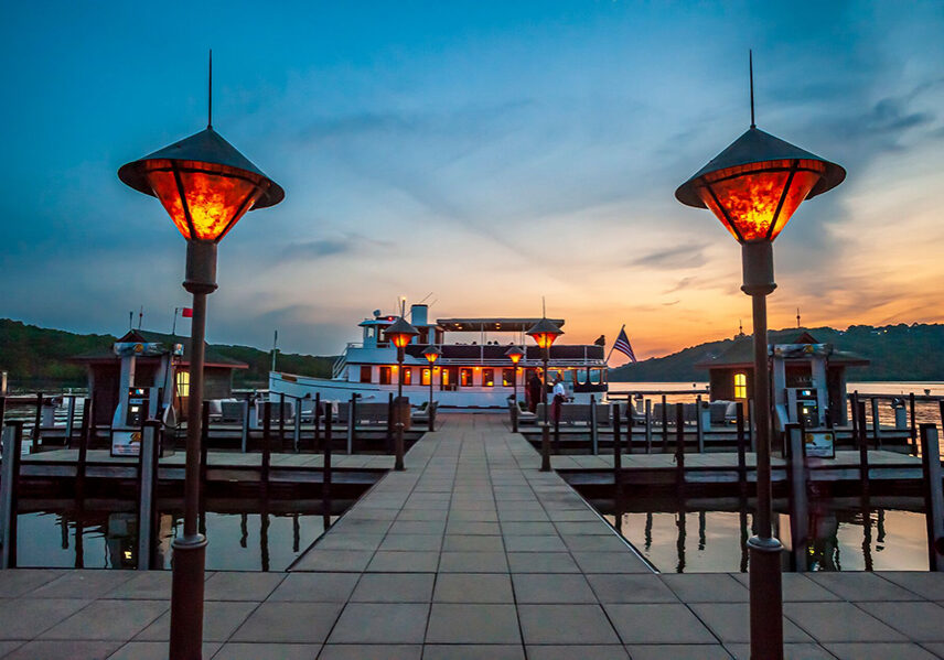 lady liberty docked at long creek marina in the sunset