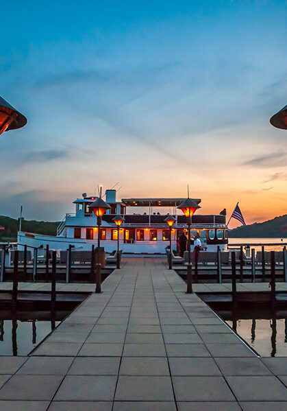 lady liberty docked at long creek marina in the sunset