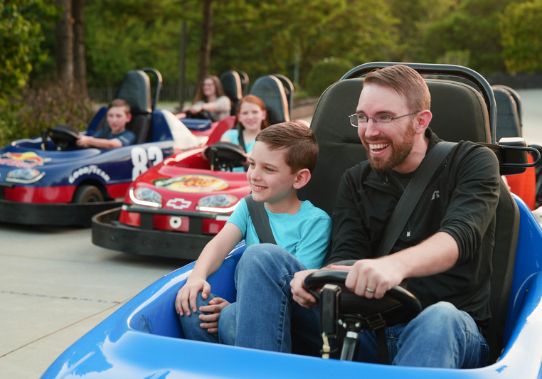 Father and sun smiling and winning a go cart race