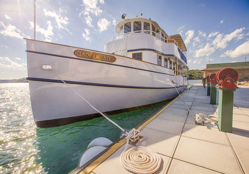 Lady Liberty boat docked at Table Rock Lake at Big Cedar Lodge