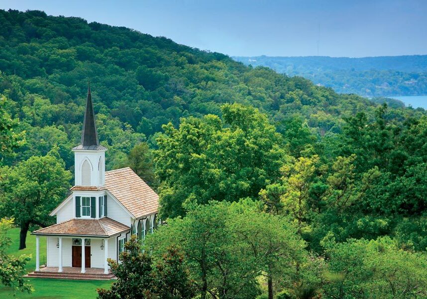 The Garden Chapel wedding venue is tucked among the hillside trees at Big Cedar Lodge