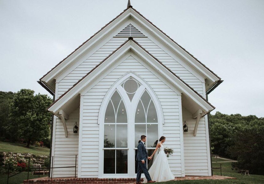 Bride and Groom waiting outside a Wedding Chapel Venue at Big Cedar Lodge